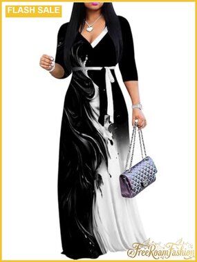 Plus Size V Neck 3/4 Sleeve Wrap Maxi Dress with Tie Belt